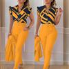 Elegant Women Two Piece Set Suits Fashion Printed Ruffle Sleeve Top Solid Color Pants Set with Belt Blouses Female Clothing