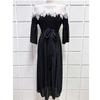 Miyake Pleated Lace-Panel Midi Dress Summer for Women 3/4 Sleeve Casual 3D Flower Appliques Print Vacation Midi Sundresss