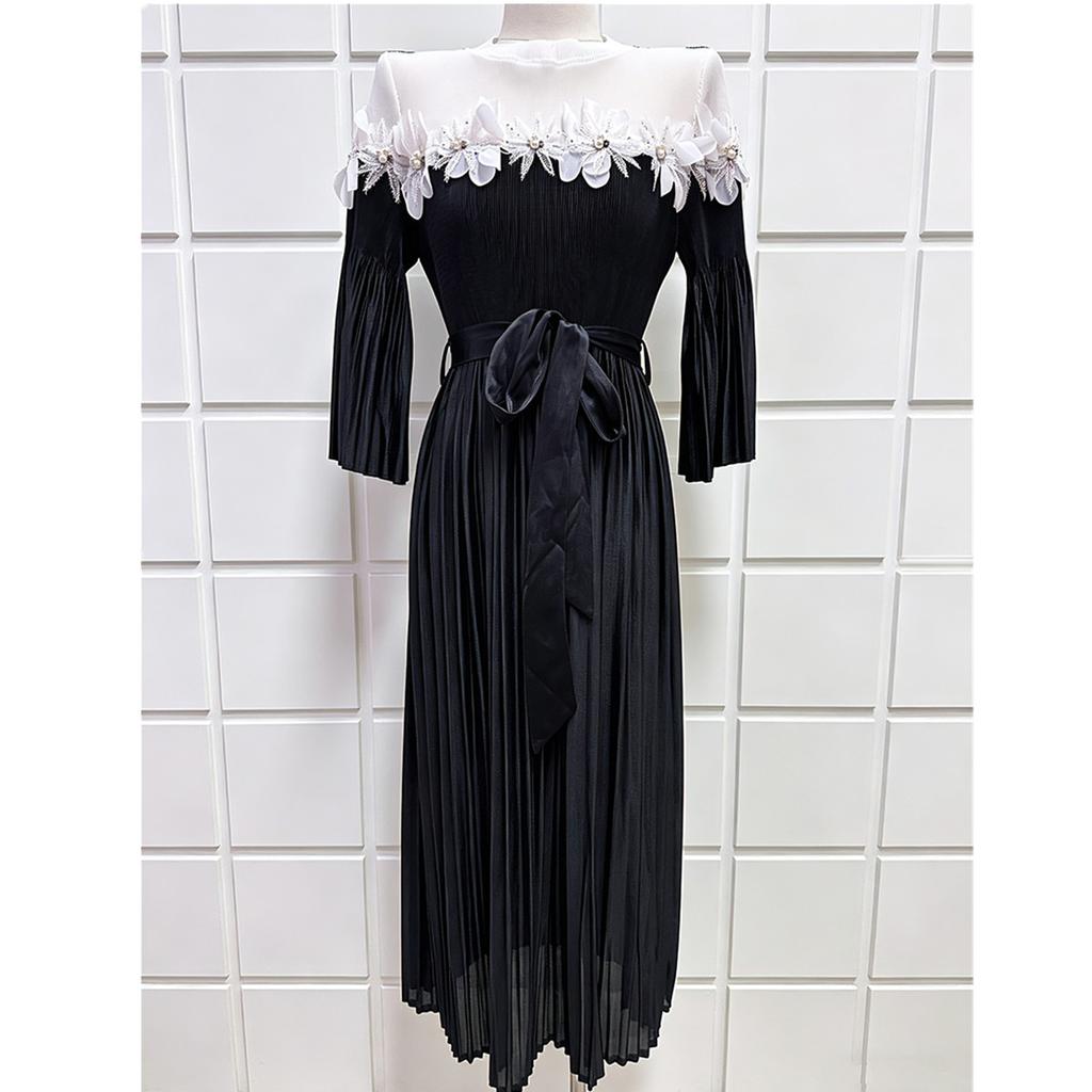 Miyake Pleated Lace-Panel Midi Dress Summer for Women 3/4 Sleeve Casual 3D Flower Appliques Print Vacation Midi Sundresss