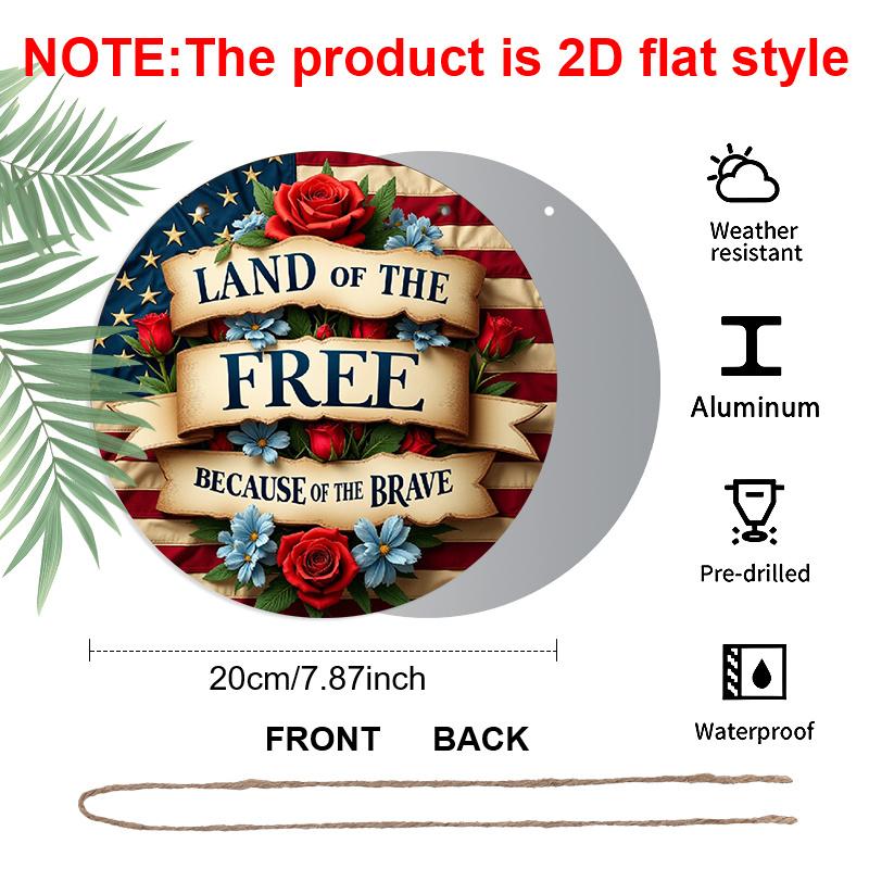 2D Flat, "Land of the Free, Because of the Brave" Patriotic Wreath Flag - Vintage Style Art, 7.87x7.87 Inches Decor for Home, Garden, Bar, Cafe