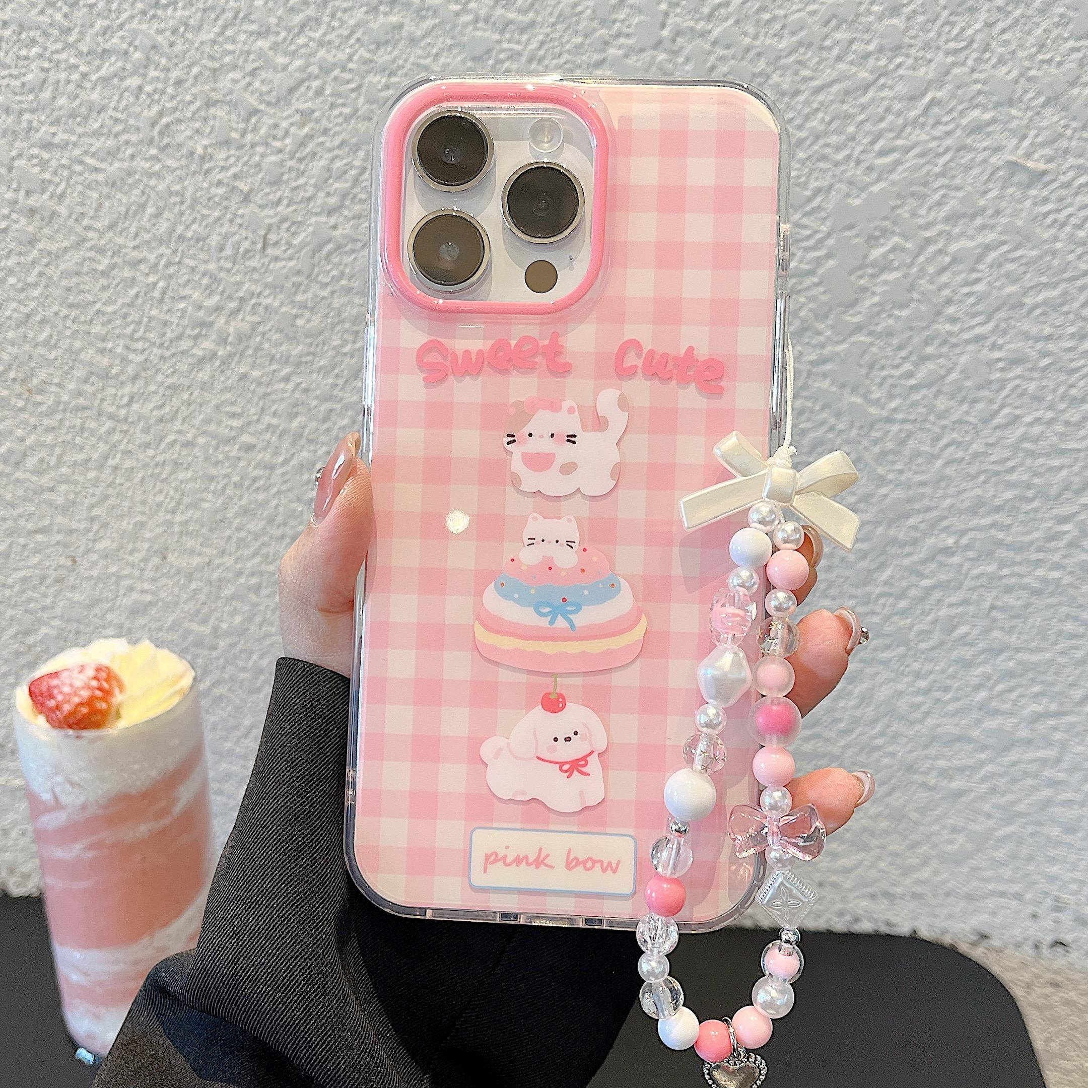 

Милый чехол для iPhone 16 с изображением кошки и собаки, блестящий браслет-цепочка, прозрачный, эстетичный, стильный, мягкий, прочный, симпатичный защитный чехол из ТПУ для iPhone 13, 14, 15, 16 Pro Max iPhone 16 Pro