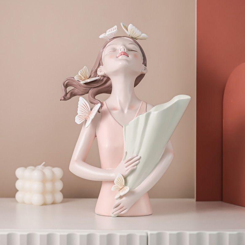 Nordic Girl Holding Vase with Artificial Flowers, Elegant Artistic Resin Home Decor Statue for Living Room, Entryway & TV Cabinet