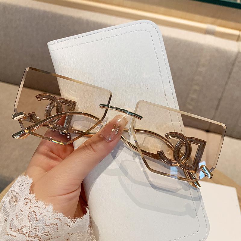 Women's Rimless Large Square Sunglasses with Metal Lettered Temples - Stylish and Popular Mirror Design