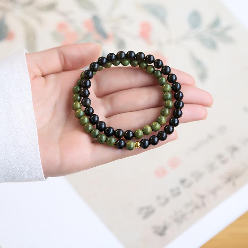 Náramek z obsidiánu pro doplnění vodní energie pro ty, kterým chybí element Dřeva, přírodní náramek ze zeleného santalového dřeva pro ženy, černý krystal s dvojitým kroužkem