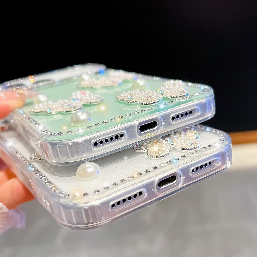 For iPhone 17 Pro Max Case Rhinestone Edge Pearl Butterfly Decor TPU+PC IMD Phone Cover