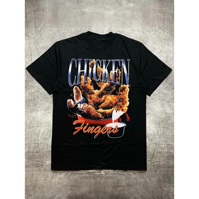 Men's Heat Transfer Print Cotton Round Neck Short Sleeve T-Shirt - Fried Chicken Food Theme Design, Black 200g