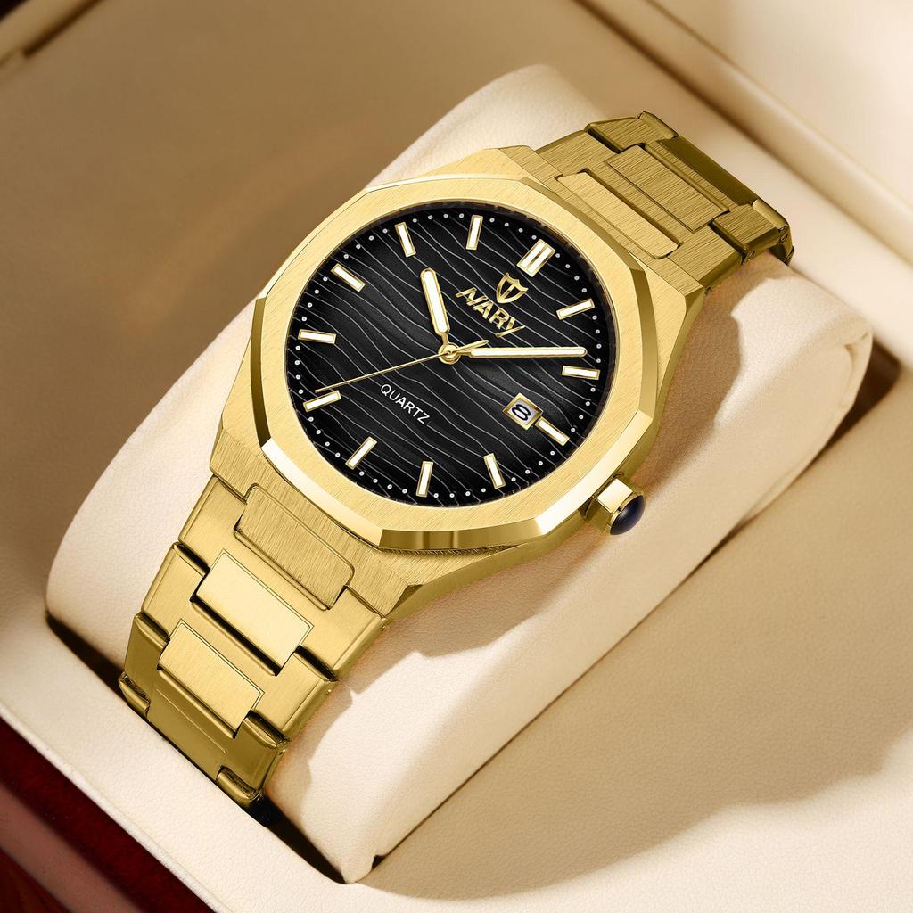 NARY Octagonal Men's Quartz Watch 9034 with Calendar and Steel Band