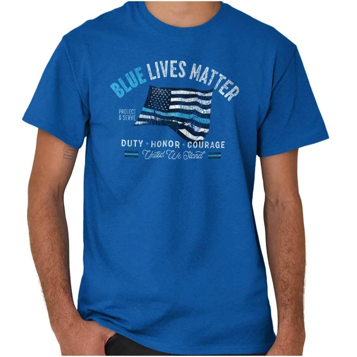 Blue Lives Matter American Flag Police Duty Womens or Mens Crewneck T Shirt Tee S