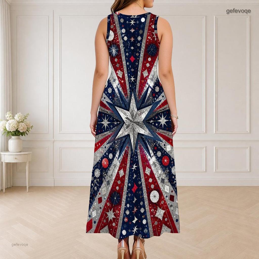 Women Plus Size Round Neck Triple Keyhole Sleeveless Printed Red Blue Silver Long Dress