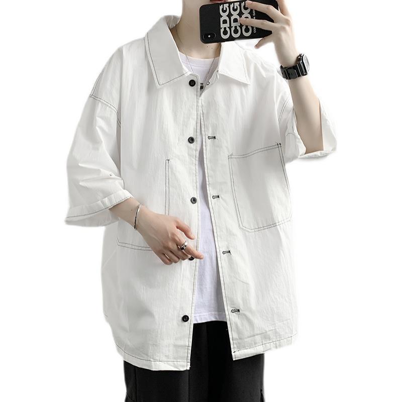 Men's Trendy Short-Sleeve Workwear Shirt - Hong Kong & Japanese Style, Loose Fit, Summer-Ready