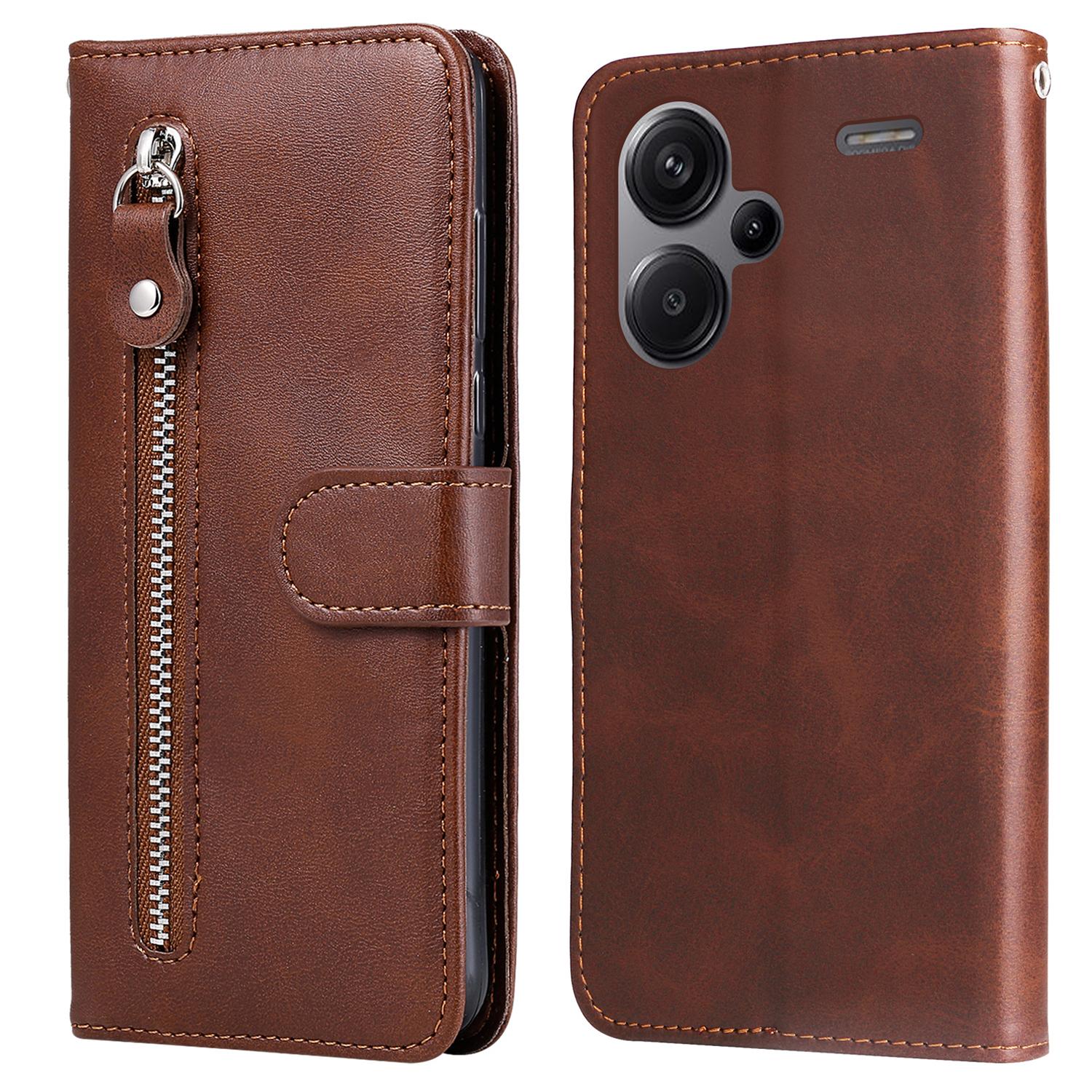 

For Xiaomi Redmi Note 13 Pro+ 5G Case Stand Calf Texture Leather Cover Zipper Wallet Brown
