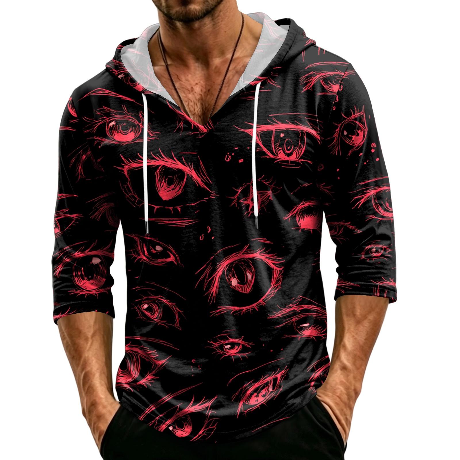 Men s Loose Fit Hooded Three-Quarter Sleeve Halloween Print Pullover XXL