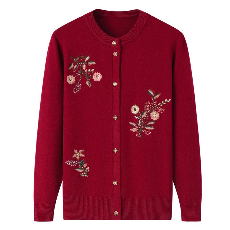 

Весенне-осенний тонкий свитер с маленьким цветком, женский вязаный кардиган, темпераментная элегантная одежда для пожилых людей XL вино красного