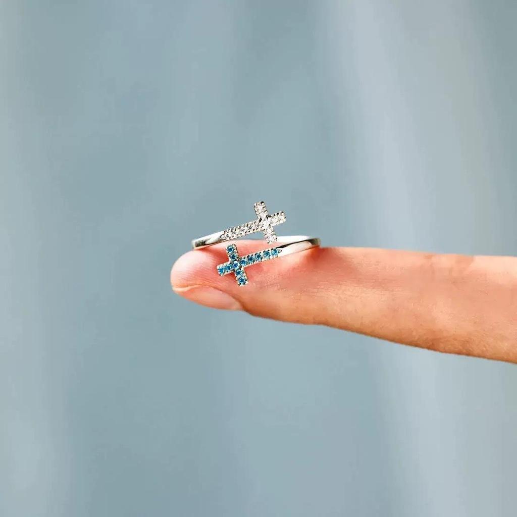 S925 Sterling Silver Two-Tone Stone Women's Fashion Cross Ring for Index Finger, European and American Style.