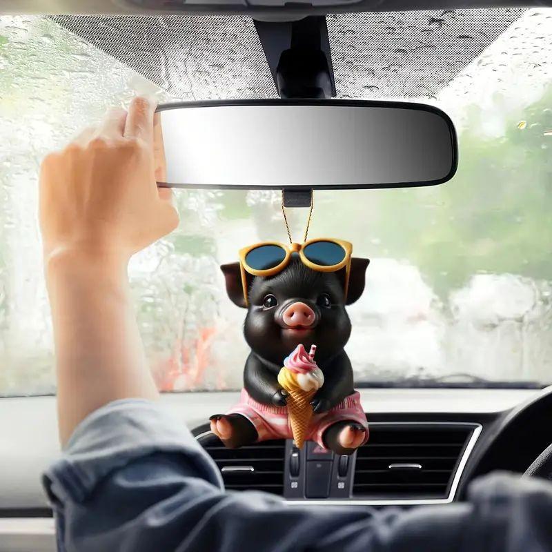 Black Creative Pig Acrylic Car Pendant For Quirky And Stylish Decor Vehicle