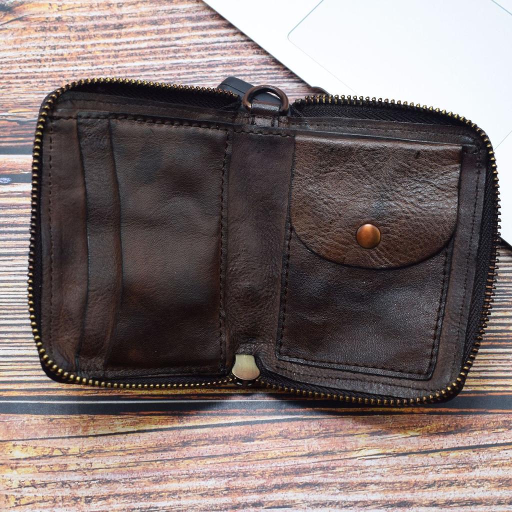 Men's Retro Short Zipper Wallet, Vegetable Tanned Leather Wallet, Vertical Wallet, Trendy