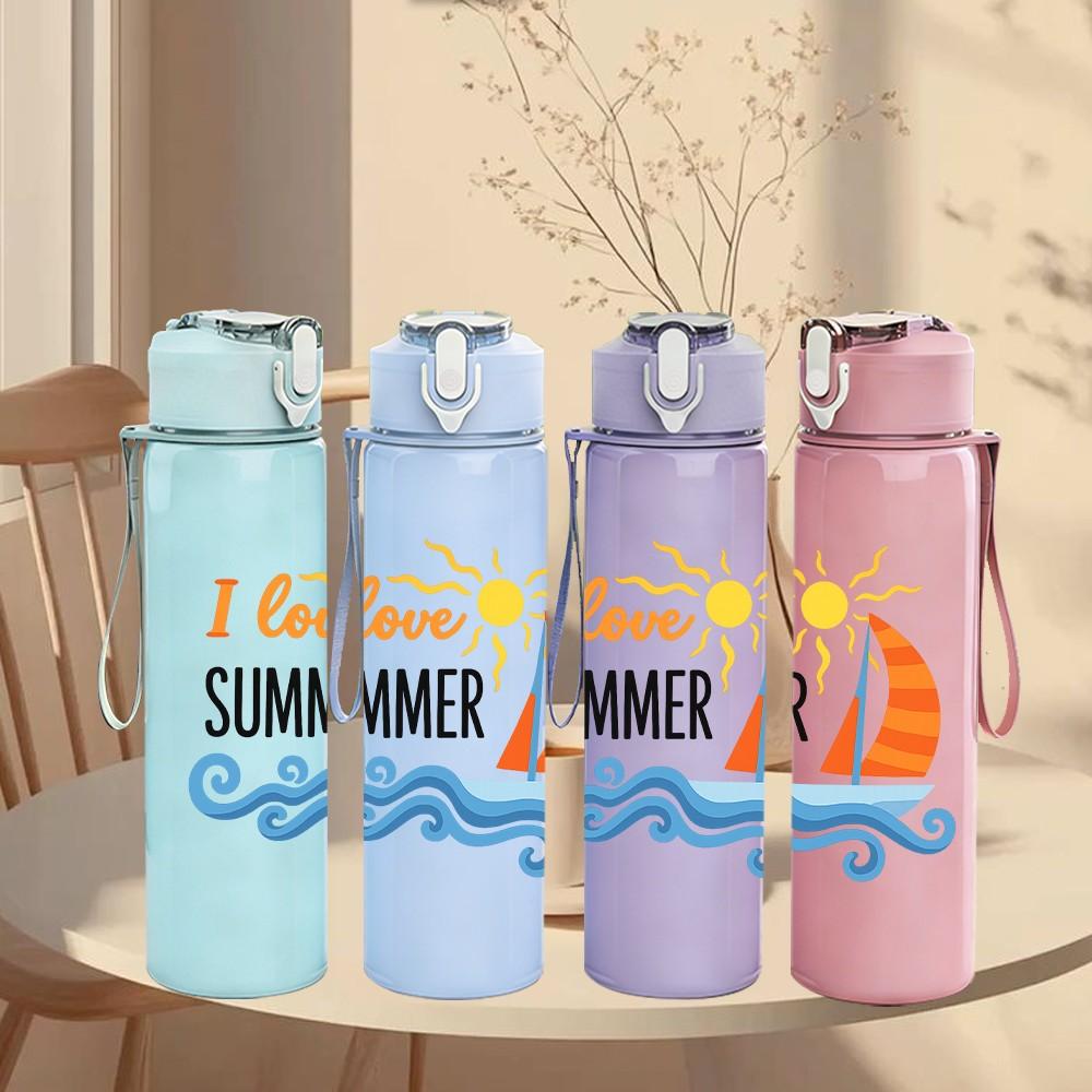 1PC I Love Summer Ocean Pattern 750ml Color Plastic Sports Water Bottle Leakproof Flip Straw Lid Suitable for Sports Office Home Use