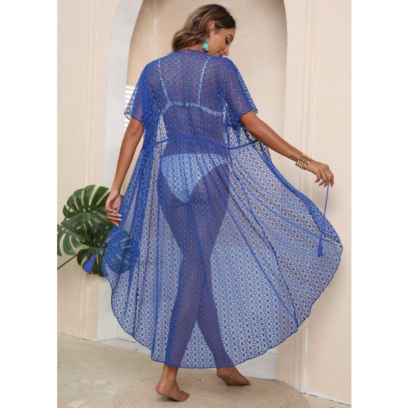 Women's Cover-up Seaside Holiday Beach Cardigan Plus Size Irregular Tie Sexy See-through Lace Shirt