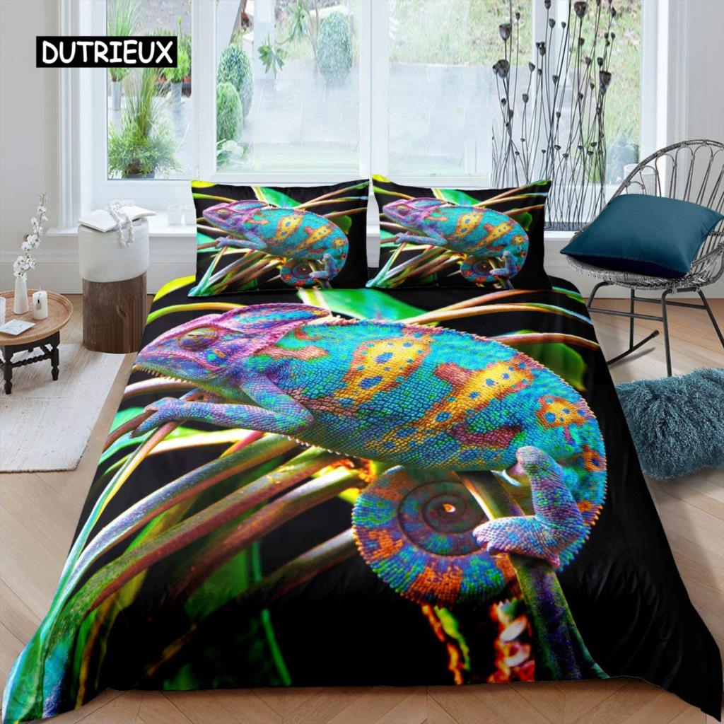 Chameleon Duvet Cover Set 3D Wild Animal Theme Twin Bedding Set Wildlife Comforter Cover Boys Green Leaf Polyester Quilt Cover