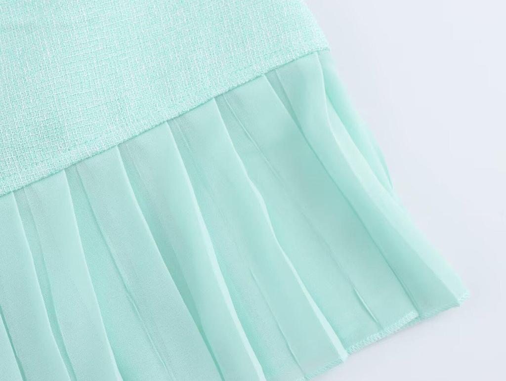 2025 Spring Women's European & American Square Neck Sleeveless Pleated Patchwork Dress