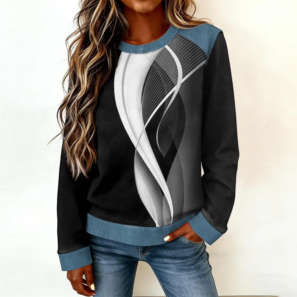 Damen Jeanskragen Patchwork Nähte Sweatshirt Lässig Pullover Langarmshirts