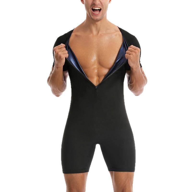 Heren Sauna Zweet Bodysuit, Rits Korte Mouw Volledige Lichaamsvormer Buikcontrole Trainingspak voor Sportschool Hardlopen