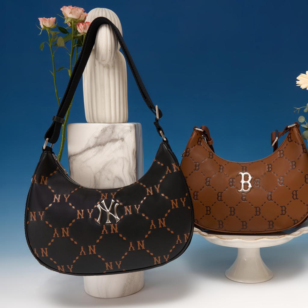 New MLB Monogram Collection Polyester Hobo Pochette, Hobo Bag, Shoulder Bag, Crossbody Bag Tubas Unisex Black 3ABQL012N-50BKS