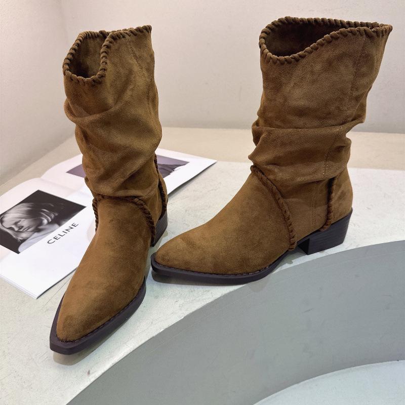 

Maillard stacked boots women s short boots autumn-covered ancient woven knight boots soft sole pleated thin thick heel fashion boots 35