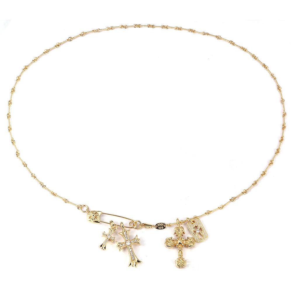 High-End Rhinestone Double Cross Pendant Necklace with CH Chrome Hearts Design