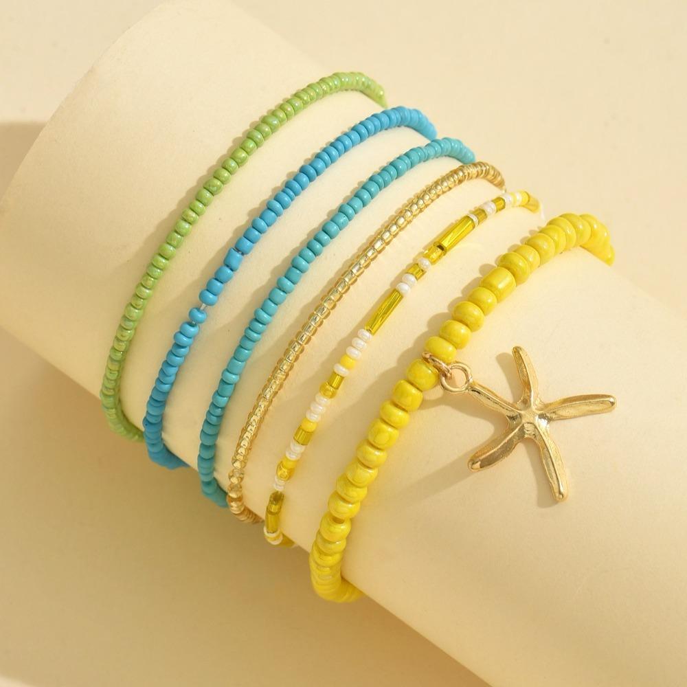 6pcs Stretch Beach Rice Beads Elastic Anklet Multilayer Anklet Set New Beach Jewelry