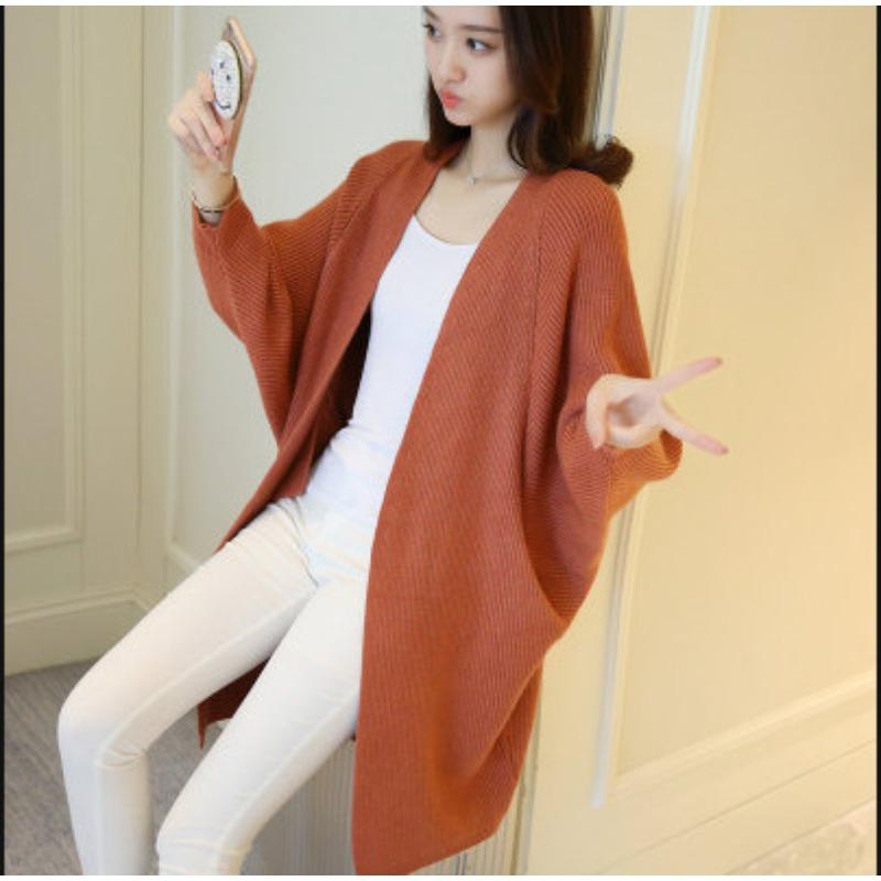 Autumn and Winter  Women's Sweater Cardigan Jacket Medium Long Loose Casual with Bat Sleeves Irregular Design