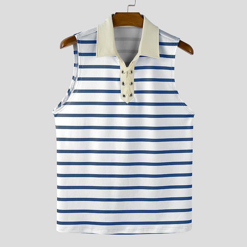 

INCERUN Men Lapel Collar Sleeveless Stitching Striped Casual Loose Tank Tops 5XL синий
