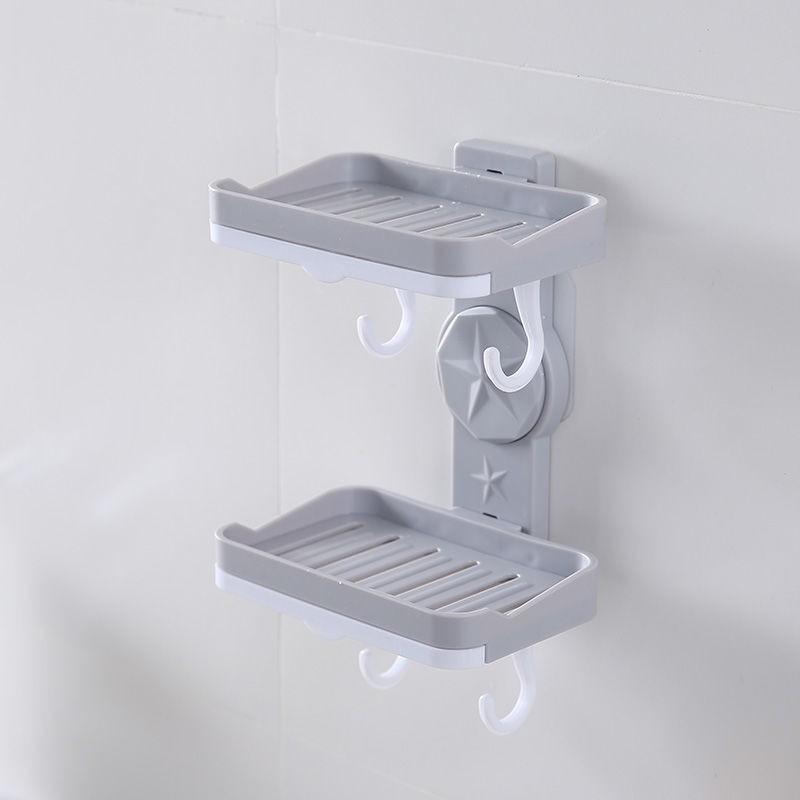 Punch-Free Wall-Mounted Soap Dish Rack with Hooks and Draining Shelf