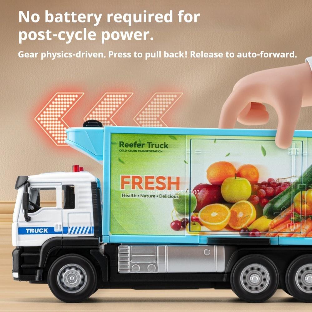 1:50 Vegetable And Fruit Refrigerated Truck Dust Suppression Spray Car Model Toy Pull Back Simulation Vehicles Desktop Ornament