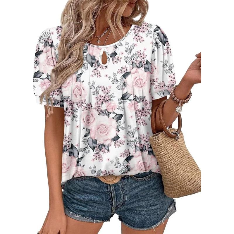 Floral Print Round Neck T-hole Casual Short-sleeved Pleated Flower Women