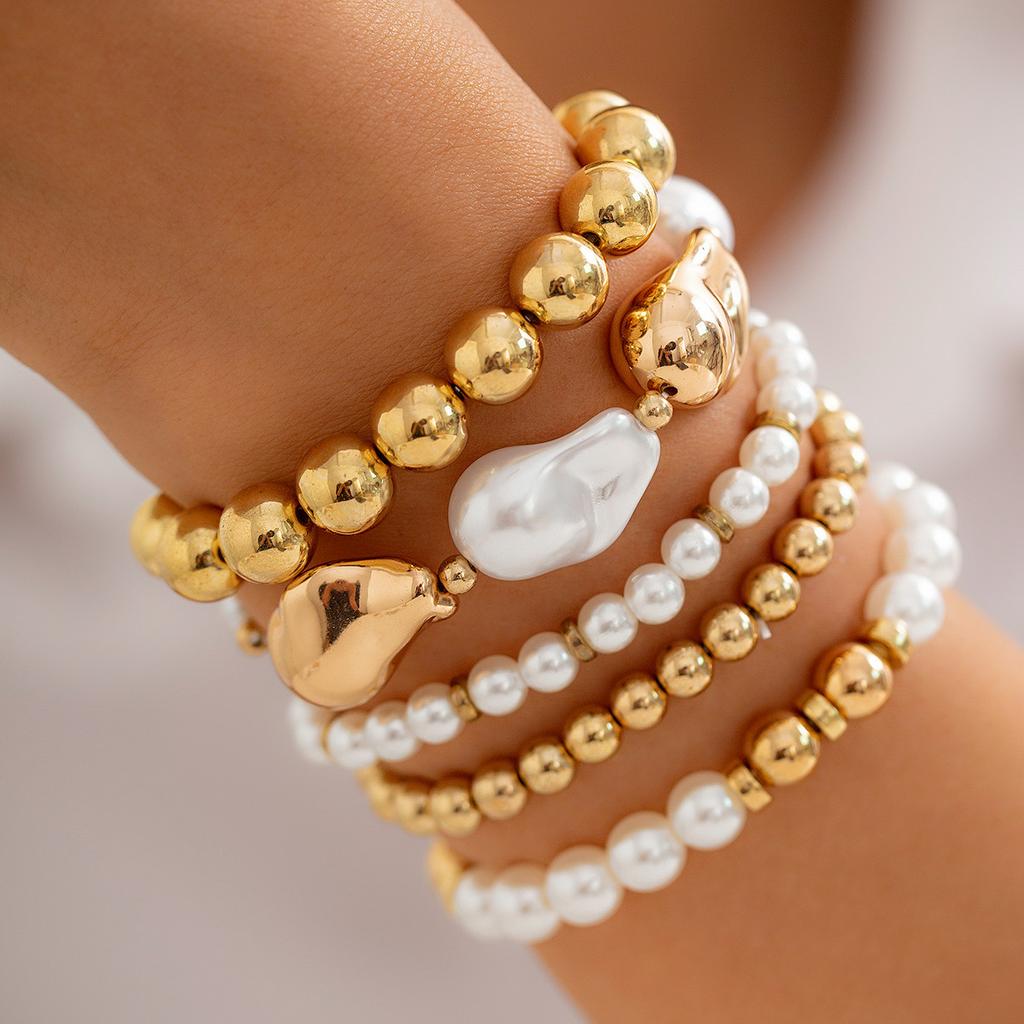 Punk Stacked Love Pendant Beaded Bracelet, Simple Imitation Pearl Elastic Bracelet Bracelet