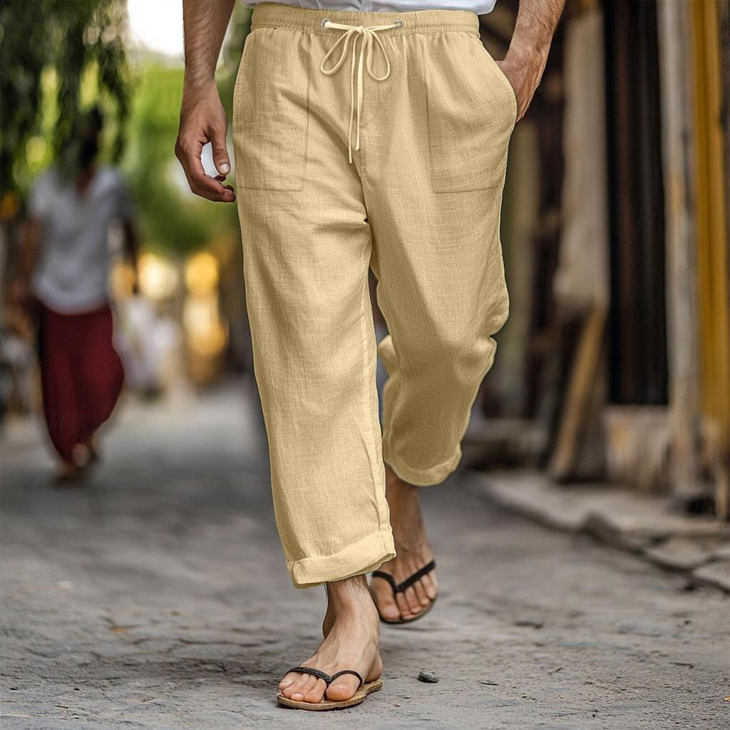 Men's Casual Summer Elastic Waist Drawstring Multi-Pocket Cotton and Linen Trousers Beach Pants