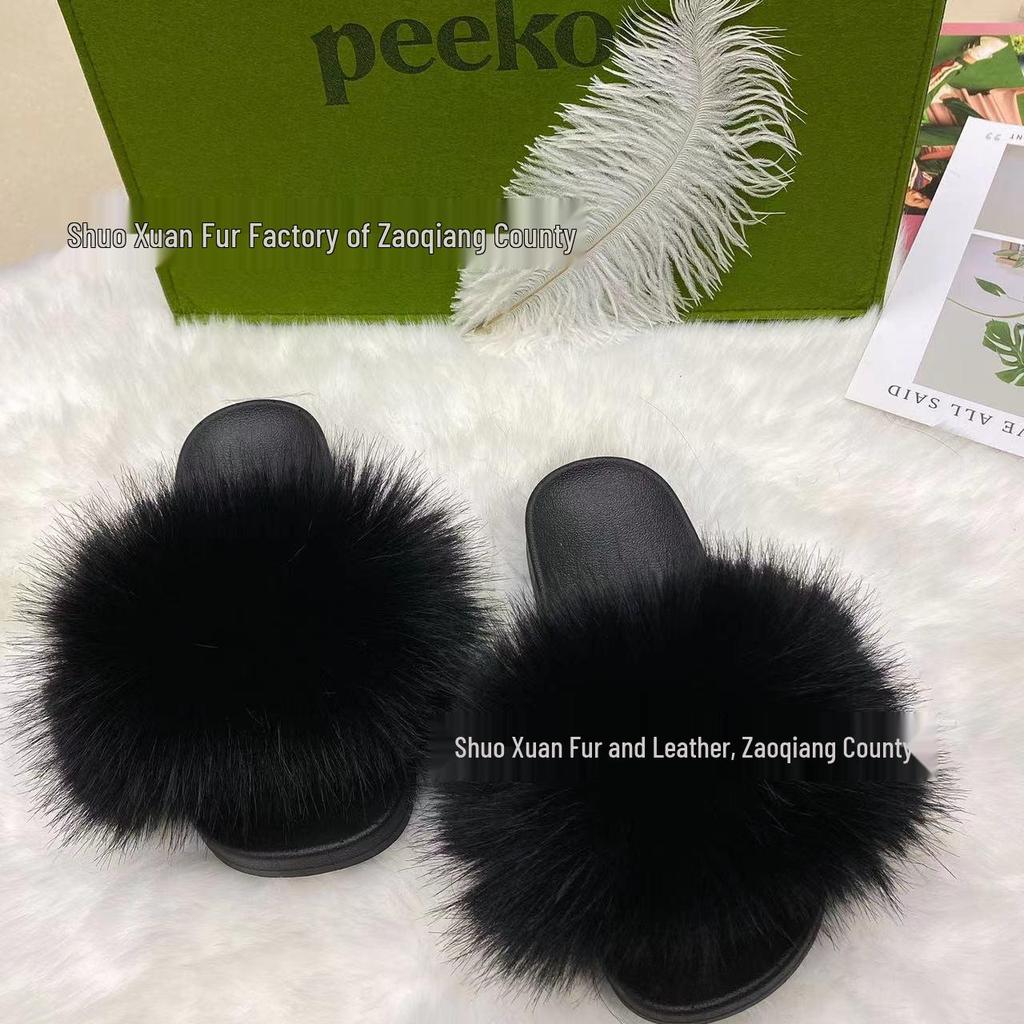 Women's Summer Fox Fur Slippers: Celebrity Trend, Flat Fur Sandals, Soft-Soled Flip Flops, Euro-American Style.