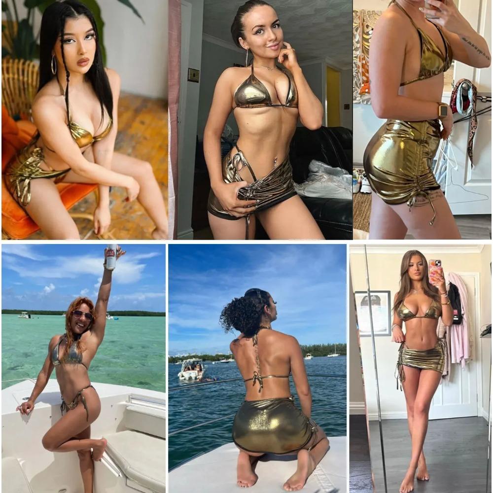 Damen Sommer 2026 Heißes 3-teiliges Set Leder Gold Glänzend Badeanzug Brasilianisches Bikini-Set mit Mini-Rüschenrock Sexy Strandmode Outfits