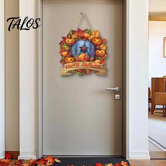 Easy Install Halloween Sign Wooden Hanging Decor Sign, Spooky Black Cat Pumpkin Witch Ghost Ornaments Window Decoration with Jute Rope, Festive