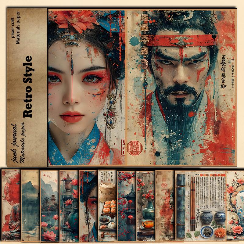 

Vintage Material Paper Stickers: Classical Aesthetic Scenery & Ancient Costume Patterns - Set of 10 Sheets