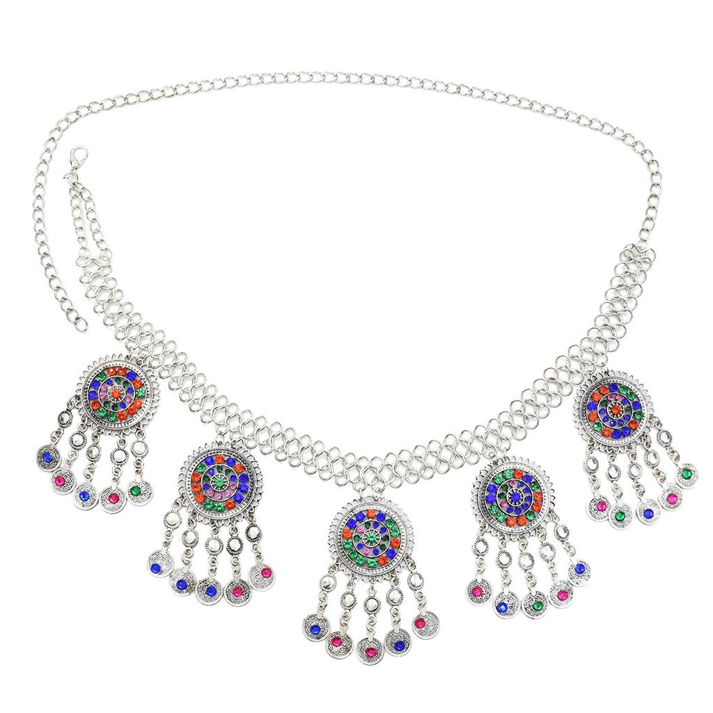 3pcs Indian Afghan Zircon Sets Necklace Earrings Hairbands for Women Boho Ethnic Coins Tassels Colorful Crystal Drop Accessory
