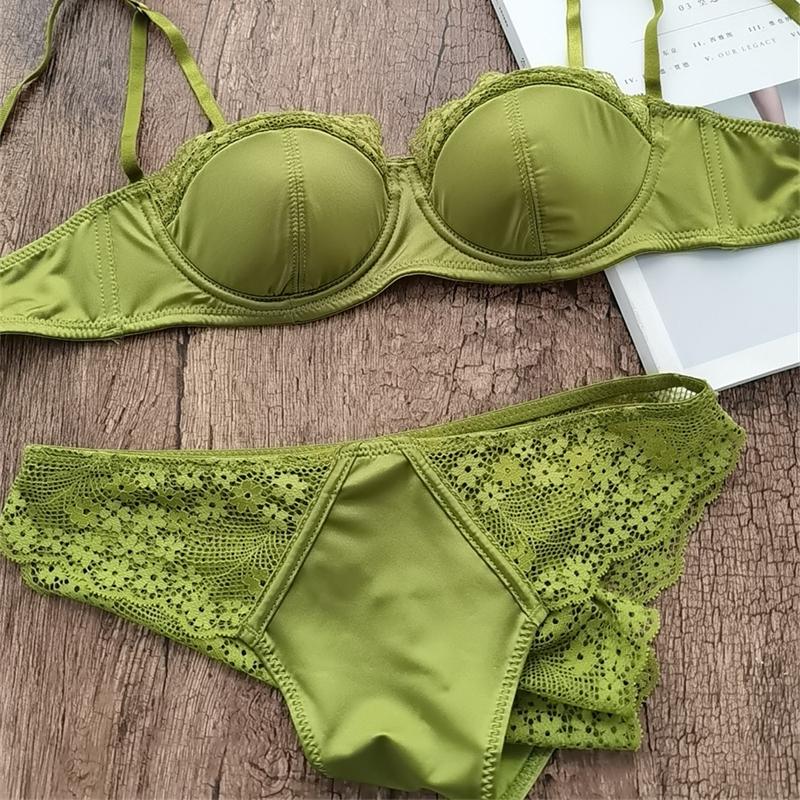 French Lace Embroidery Underwear Sexy Satin Thin Cup Push Up Bra Set Women Romantic Bralette Summer Green Breathable Lingerie