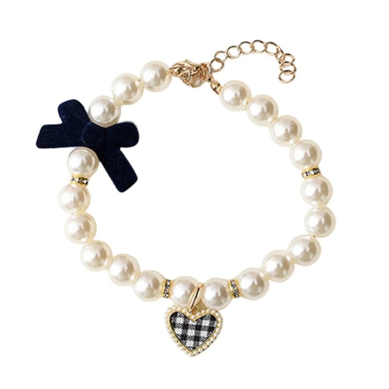 Dog Cats Pearls Necklace Handmade Pet Long Elegant Bowknot Pattern Necklace for Everyday Wear and Pet Gatherings