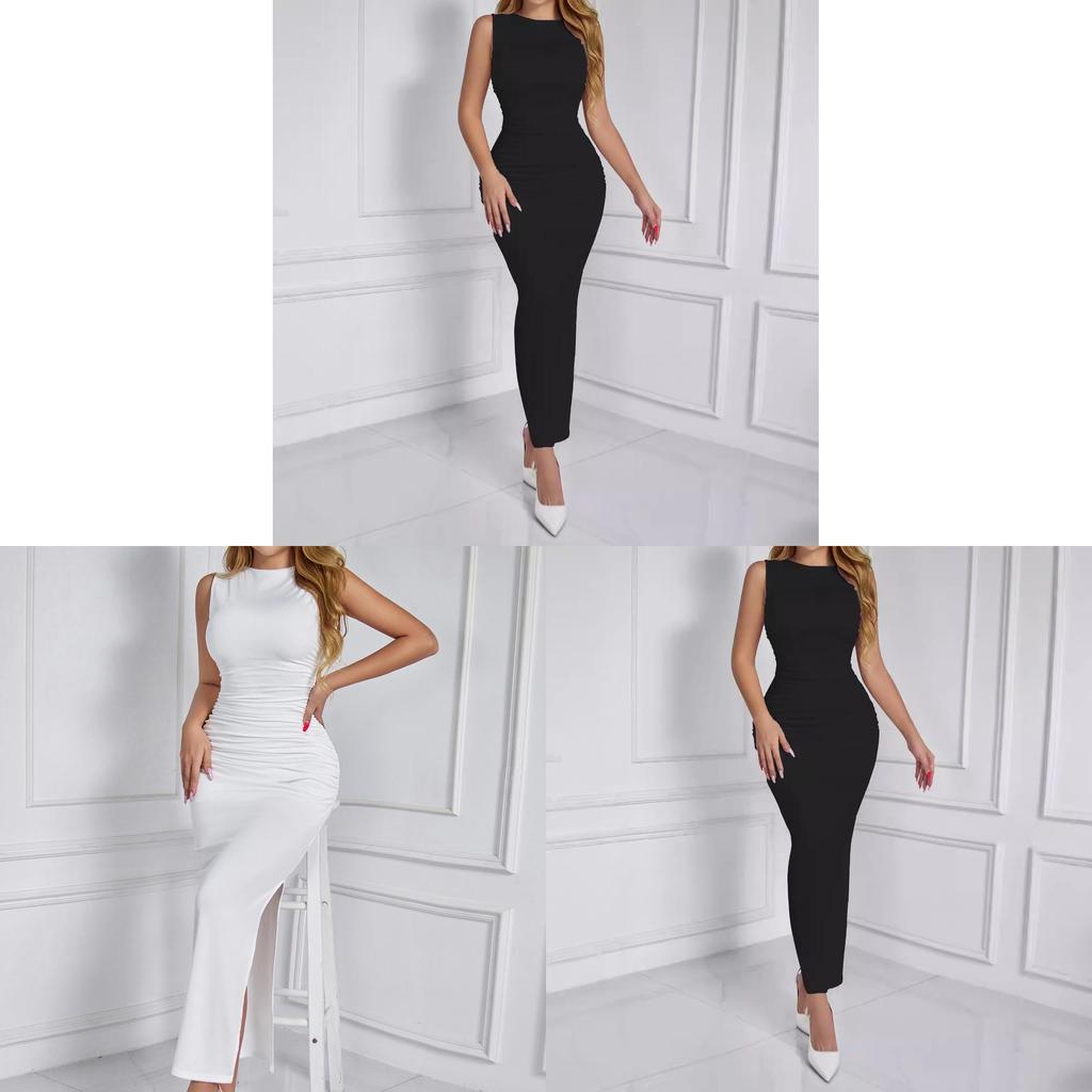 Basic Dress Long Skirt With Pleats And Side Slit For Spring Summer Casual Wear