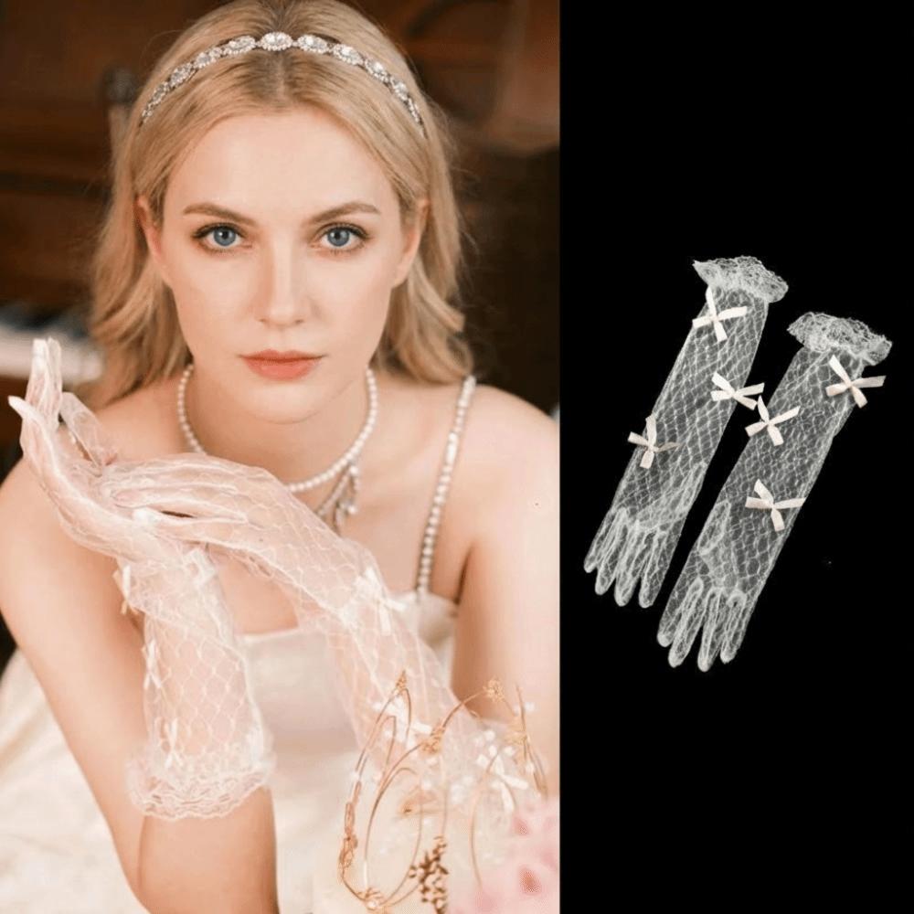 White Wedding Bridal Gloves Lace Long Finger Mittens Retro Satin Long Gloves  Women