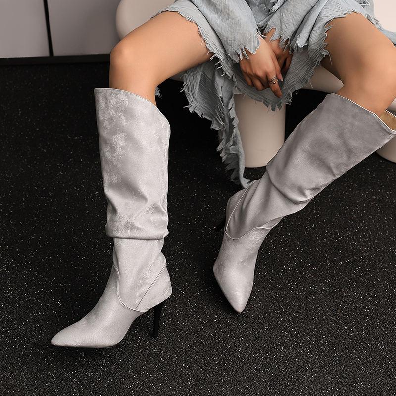 Women's High-heeled Boots, Autumn and Winter New European and American Style Solid Color Pointed Toe Thin Heel Oversized Casual Boots