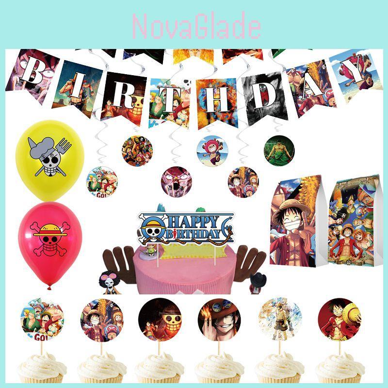 Härligt set med födelsedagsfestdekorationer med One Piece-tema, med livfulla färger och roliga mönster