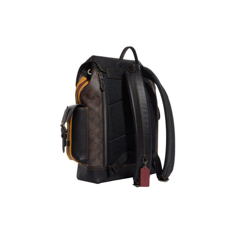 COACH Hudson 30 flap drawstring closure exterior cow leather details school bag backpack backpack large size men's mahogany color with buttercup color