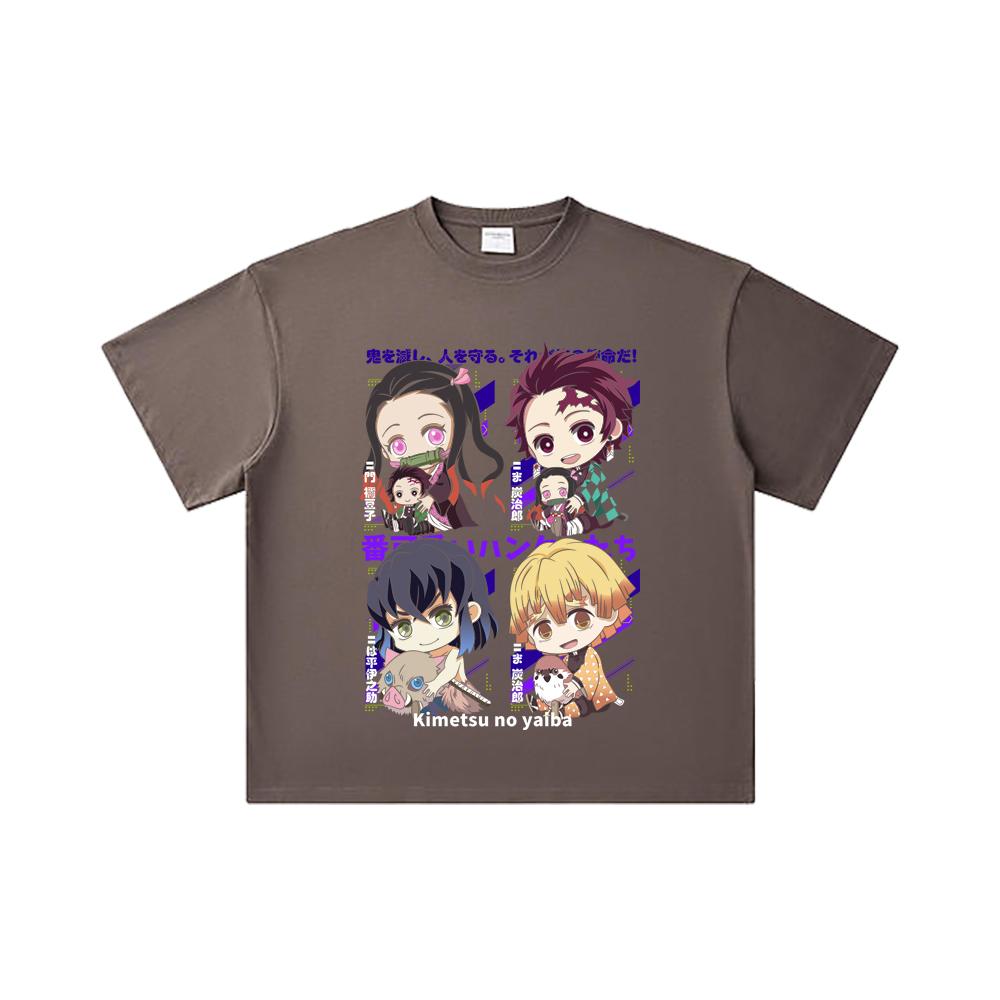 Camiseta Unissex de Algodão Pesado 260 GSM Fio Duplo 32 Contagem 100% Algodão Demon Slayer V80 Hashiras Estampa Chibi